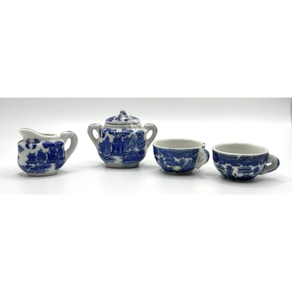 Blue Willow Miniature Tea Set Vintage 4 Pc Display Sugar Creamer 2 Cups - Picture 1 of 7